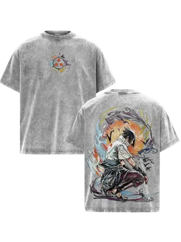 Sasuke Uchiha Washed Anime Tee – Naruto Vintage Graphic T-Shirt, Oversized Heavy Cotton Streetwear Shirt, Unisex Casual Manga Top, Acid Wash Distressed Texture, Breathable Crew Neck Short Sleeve, All-Season Daily Outfit