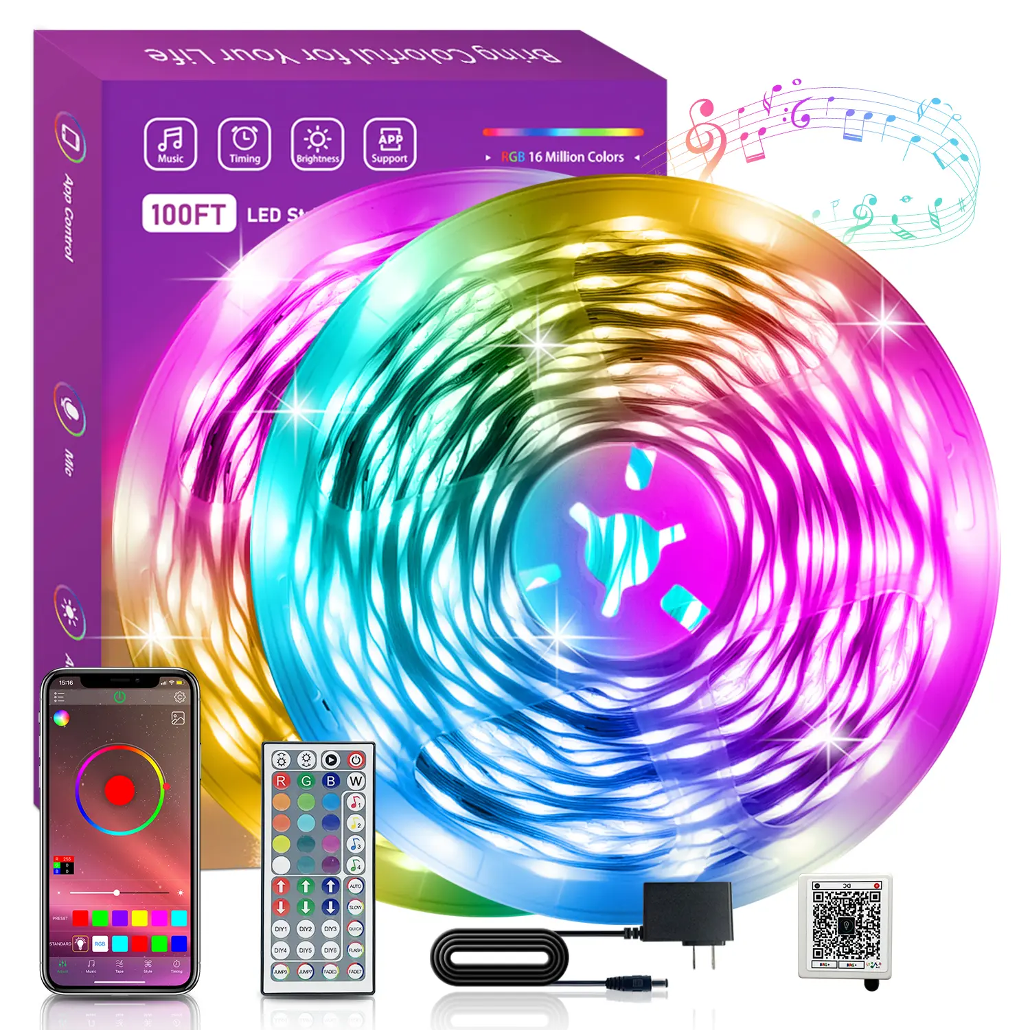QIANGHE Color-Tuned Bright LED Strip Lights, Smart APP Control, 44-Key Remote, RGB Music Sync, for Bedroom Party Decor, Room Inspo, Aesthetic House Upgrade, House Decor