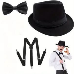 3Pcs 1920s Mens Accessories, Stylish Roaring Costume Accessory, Manhattan Hat, Y-Back Suspenders & Pre Tied Bow Tie, Suitable for Theme Party, Hallowmas, Performance
