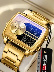 Men's Dual Display Quartz Watch, Modern Fashionable Wristwatch, Business Style Analog-Digital Rectangle Dial, Band Zinc Alloy Case, Includes Batteries, Multifunctional Watch