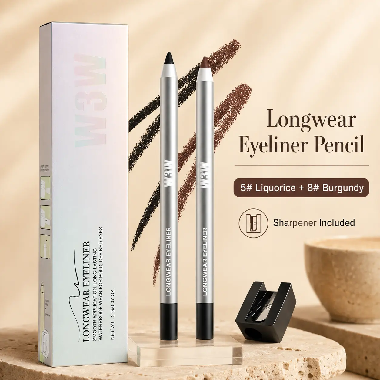 Sharpenable Eyeliner Pencil Set Pack - 2 Pencils with Sharpenable Tips, Liquorice Black & Burgundy, Waterproof Longwearing, Smooth Application for Soft Glam, Everyday Makeup