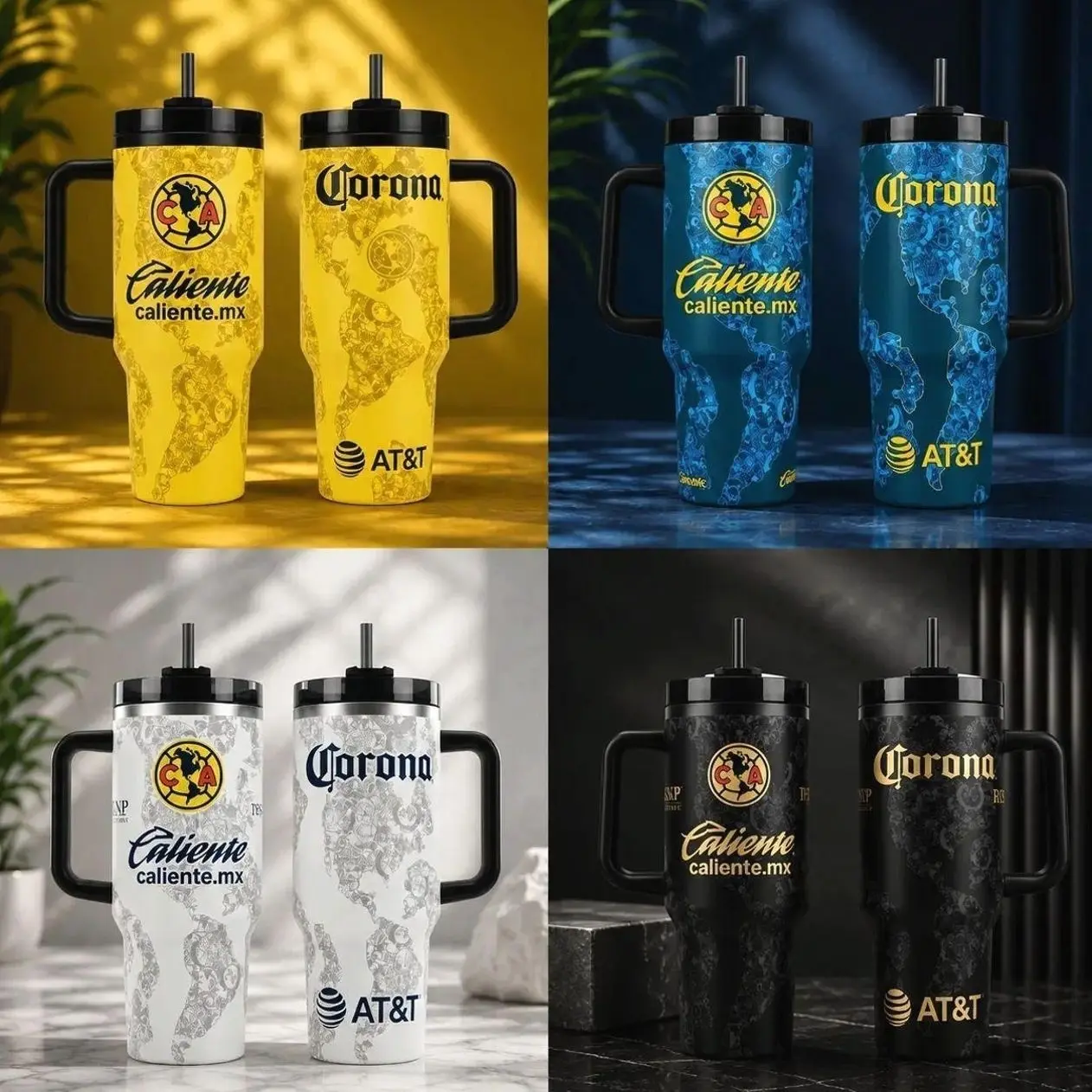 Mexico Soccer Fan 40oz Tumbler With Handle, Yellow Blue Black White Team Color Travel Mug Collection, Insulated Stainless Steel Cup Gift Bundle