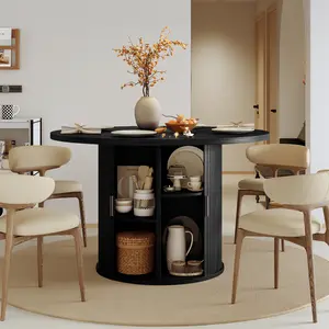 Round Dining Table for 2, Versatile Two-Person Kitchen Table with Half-Open Storage Shelf & Sliding Door, Modern Farmhouse Circle Dinner Table for Dining Room, Living Room