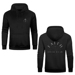 Men's Christian "Faith Over Fear" Cross Print Cotton-Polyester Hoodie, Biblical-Themed Long Sleeve Casual Comfy Menswear Tops, Biblical-Themed Men's Hoodies