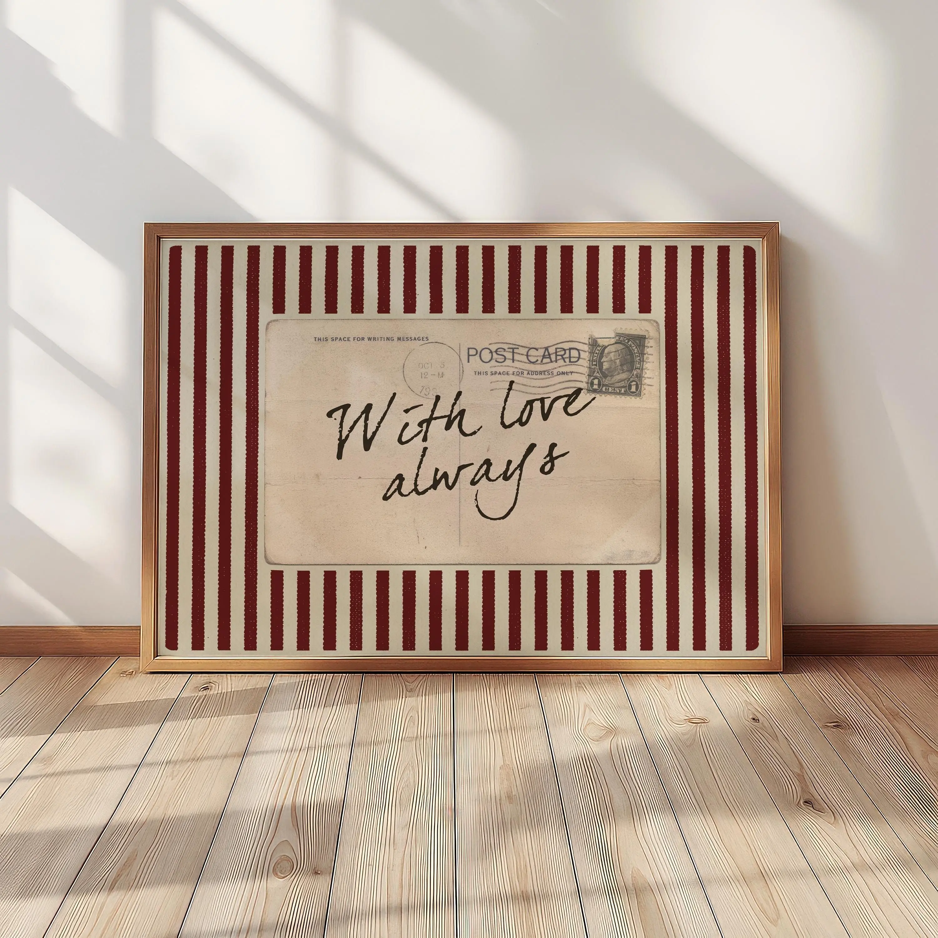 [SALE UP TO 40%] [Unframed] With Love Always Vintage Postcard Print – Retro Striped Wall Art, Red Burgundy Old Money Decor, Sentimental Romantic Decor