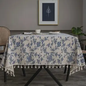 1pc Vintage Blue Rose Floral Tablecloth, Fringe Trim, Kitchen Dining Tea Table Cloth, Perfect for Picnics, Parties, Weddings