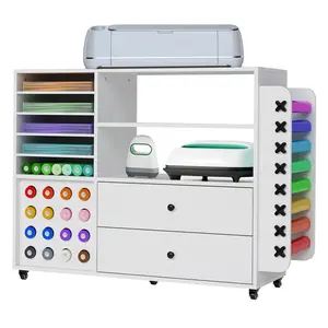Garvee Craft Storage Cart with 24 Vinyl Roll Holders, 2 Drawers, Locking Wheels, and Rolling Workstation Compatible with Cricut Machines including Cricut Maker, White Finish