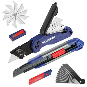 #SpringGlowUp WORKPRO Utility Knife, 2-piece, Folding Box Cutter and Retractable Knife, Light Weight Aluminum Body with Quick- Change Stainless Blade Holder, Extra 20 SK5 Blades Included