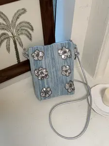 Fashionable new minimalist daily commuter crossbody bag, niche sequin embroidered flower denim shoulder bag