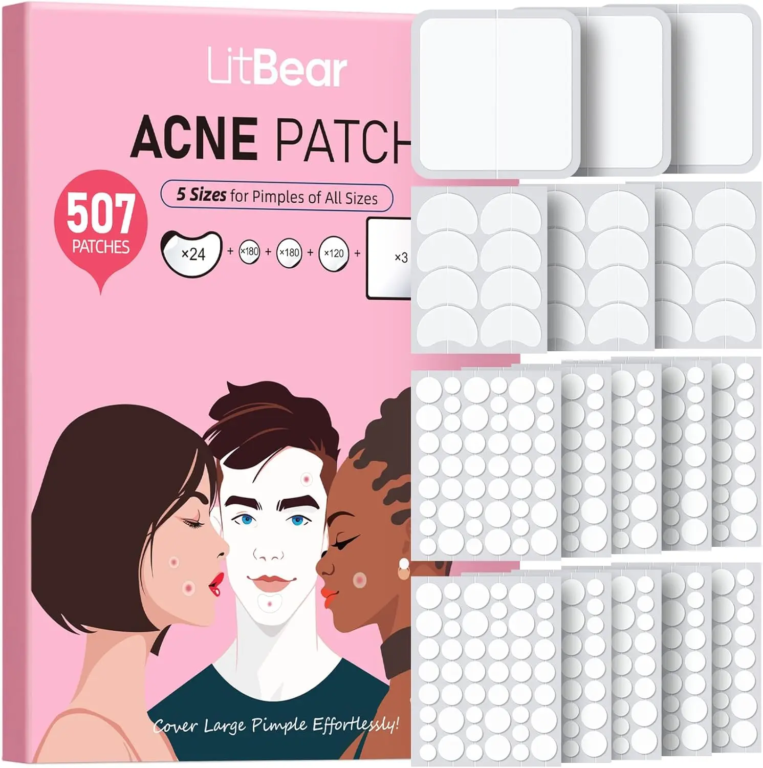 LitBear Hydrocolloid Pimple Patches, 507 Count Acne Cover Patches in 5 Sizes, Large & Small Invisible Skin Care Stickers for Forehead, Nose, Face, Body, Back and Chest