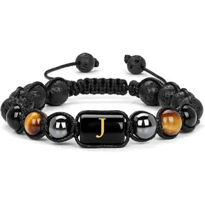 Initial Beaded Bracelets for Men,8mm Tiger Eye Obsidian Hematite Triple Protection Bracelet,Handmade Mens Letter Lava Rock Stone Bracelet Stress Relief Yoga Beads Bracelets Adjustable Anti Anxiety Bracelets for Men Women Jewelry Gifts