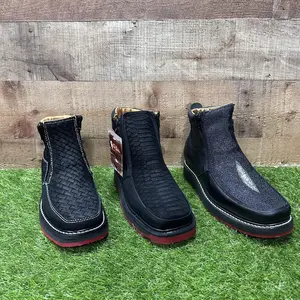 Black cowboy ankle boot with red sole, made of Petatillo, Python, and Mantarraya for Men Square Toe Made in Mexico Botin Vaquero suela roja
