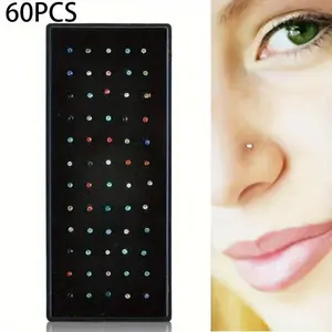 60Pcs Colorful Stainless Steel Nose Ring Set Screw Nose Nail Piercing Jewelry for Body Piercing Belly Button Hoop Set