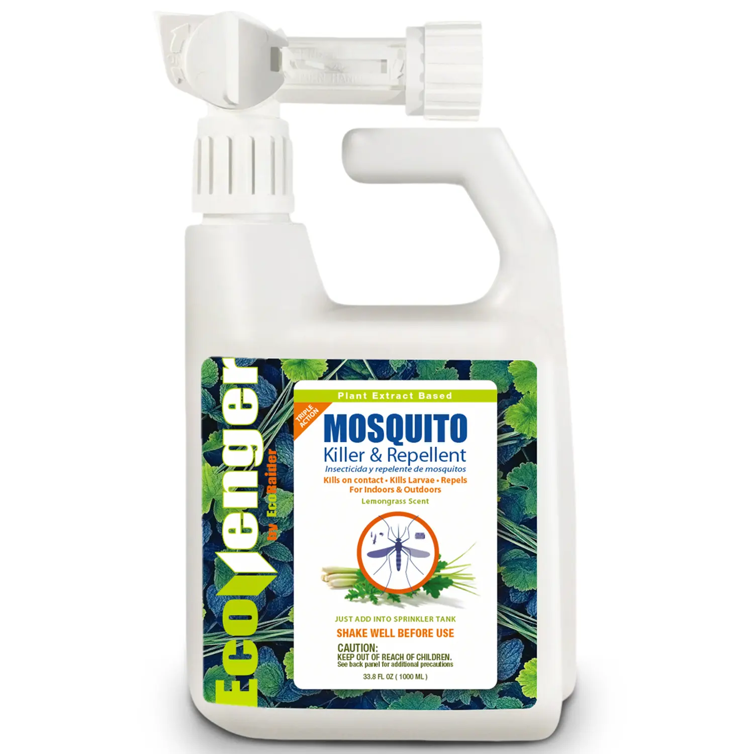 EcoVenger by EcoRaider Mosquito Control Triple-Action Hose-end Spray 32 oz, Kills Aphids, Gnats, Ticks, Kills All Stages + Larvae Control + Lasting Repellency, Citrus Scent, Non-Toxic Child-&-Pet-Safe