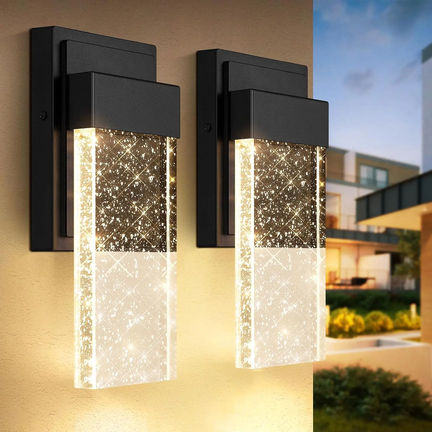 2 Packs Outdoor Crystal Wall Light Fixtures, Waterproof Exterior Sconces LED Wall Lanterns, Porch Lights Wall Mounted 10W 3000K Outside Lights for House Front Door Garage Entryway