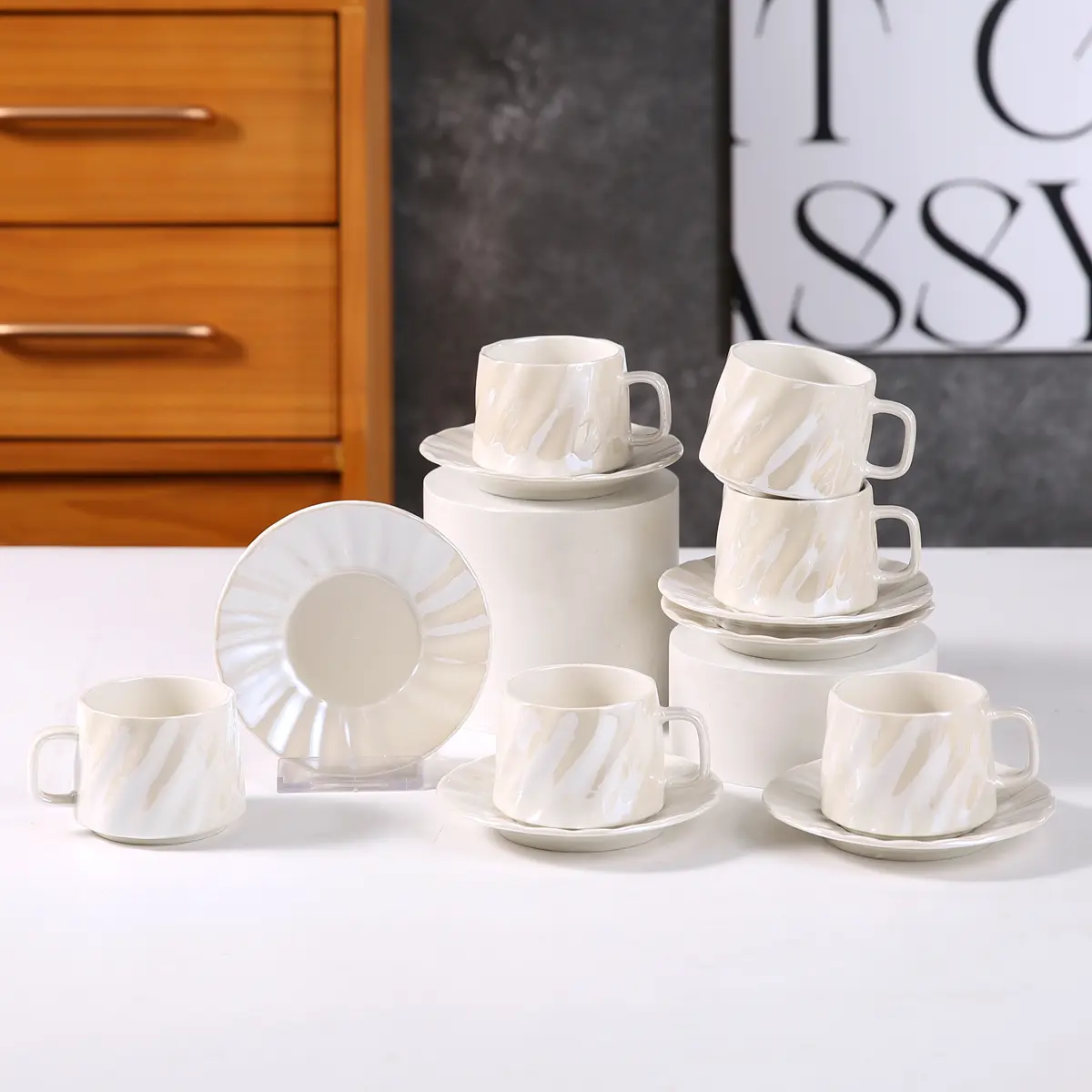 Coffee Cup Set of 6 with Saucers, 3.5 OZ Ceramic Espresso Cups, Pearl White Turkish Coffee Cup Gift for Cappuccino, Latte, Cafe Mocha and Tea, Dishwasher & Microwave Safe