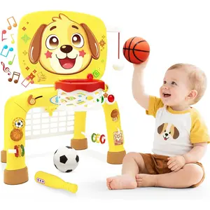Toys for 1 Year Old Boy  Toddler Basketball Hoop & Soccer Goal & Baseball Activity Center with Light Sound Music, Puppy Montessori Sports Toy, Christmas Birthday Gift for Baby 1218 Months, Yellow
