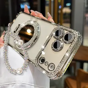 Phone case designed for iPhone 13/14/15/16/17 Pro Max and 17 Air14/15/16 Plus, featuring a chrome silver frame, mirror stand, and pearl bracelet, high-definition transparent material, and full-coverage anti-drop protection.
