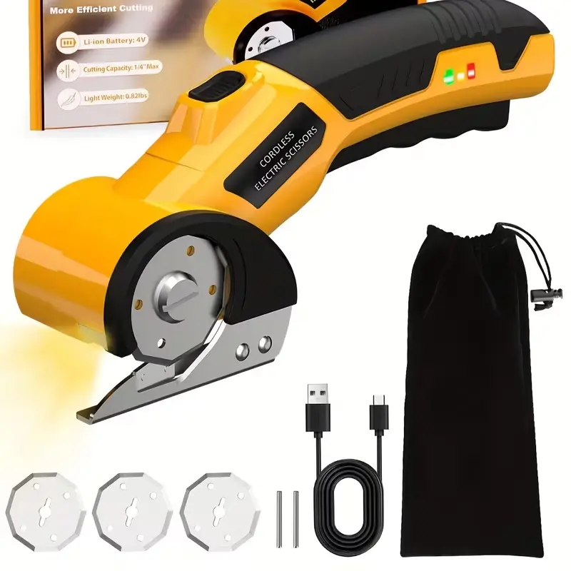 Cordless Electric Scissors with 3 Blades, 4V 2000mAh Rechargeable Battery Cardboard Cutter - Heavy-Duty Tool with Safety Lock, LED Light for Fabric, Leather Cutting