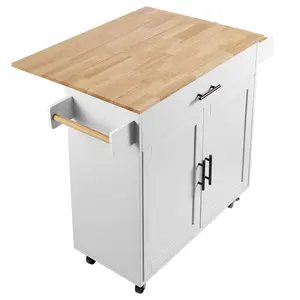 Kitchen Island Cart with Solid Wood Top 35.4" Width Mobile Carts with Storage Cabinet Rolling Kitchen Table with Spice Rack Towel Rack Drop Leaf and Drawer Portable Islands on Wheels White