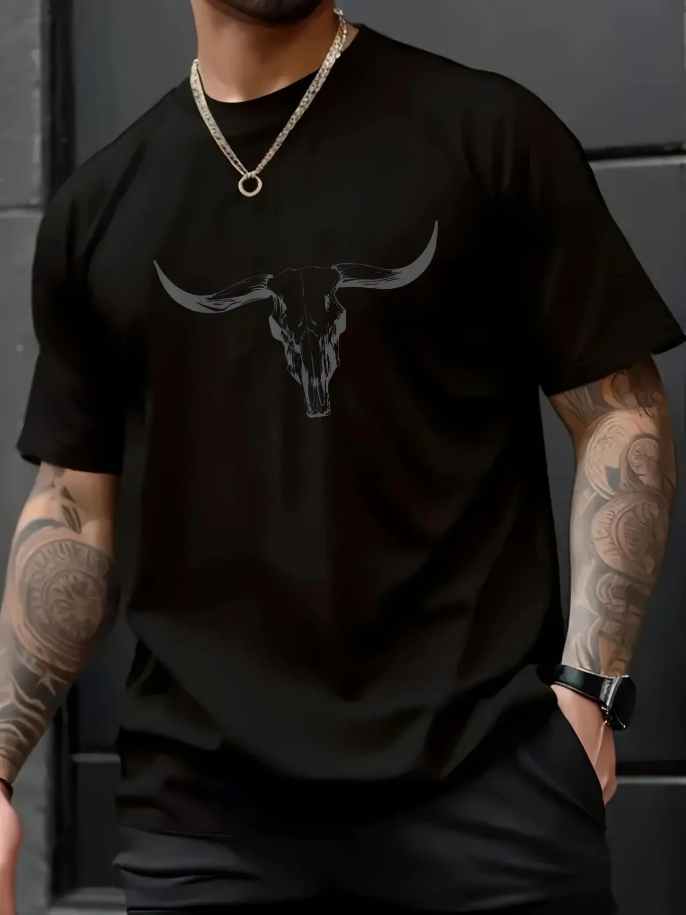 Menswear 100% Cotton Round Neck Short-Sleeve Soft Western Boho Cow Skull T-Shirt, Casual Fitted Loose Streetwear Summer Fashion Top, Tshirt, Shortsleeve, Western Cow Print Men's Short-Sleeve T-Shirts, Cow Head Men's Short-Sleeve T-Shirts