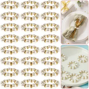 2025 NEW 24Pcs Pearl Napkin Rings Elegant Pearl Beaded Napkin Holder 4cm Stretched Rhinestone Serviette Rings Decorative Beaded Napkins Rings for Wedding Home Table Dinner Party Supplies Shiny Set
