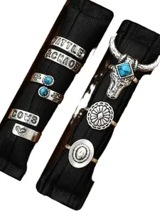 6 Pieces, Alloy Vintage Western Style Turquoise Bull Head Cactus Ring Set, Southwestern Boho Jewelry Collection, Unique Gift Idea for Women & Girls, All Season Wear
