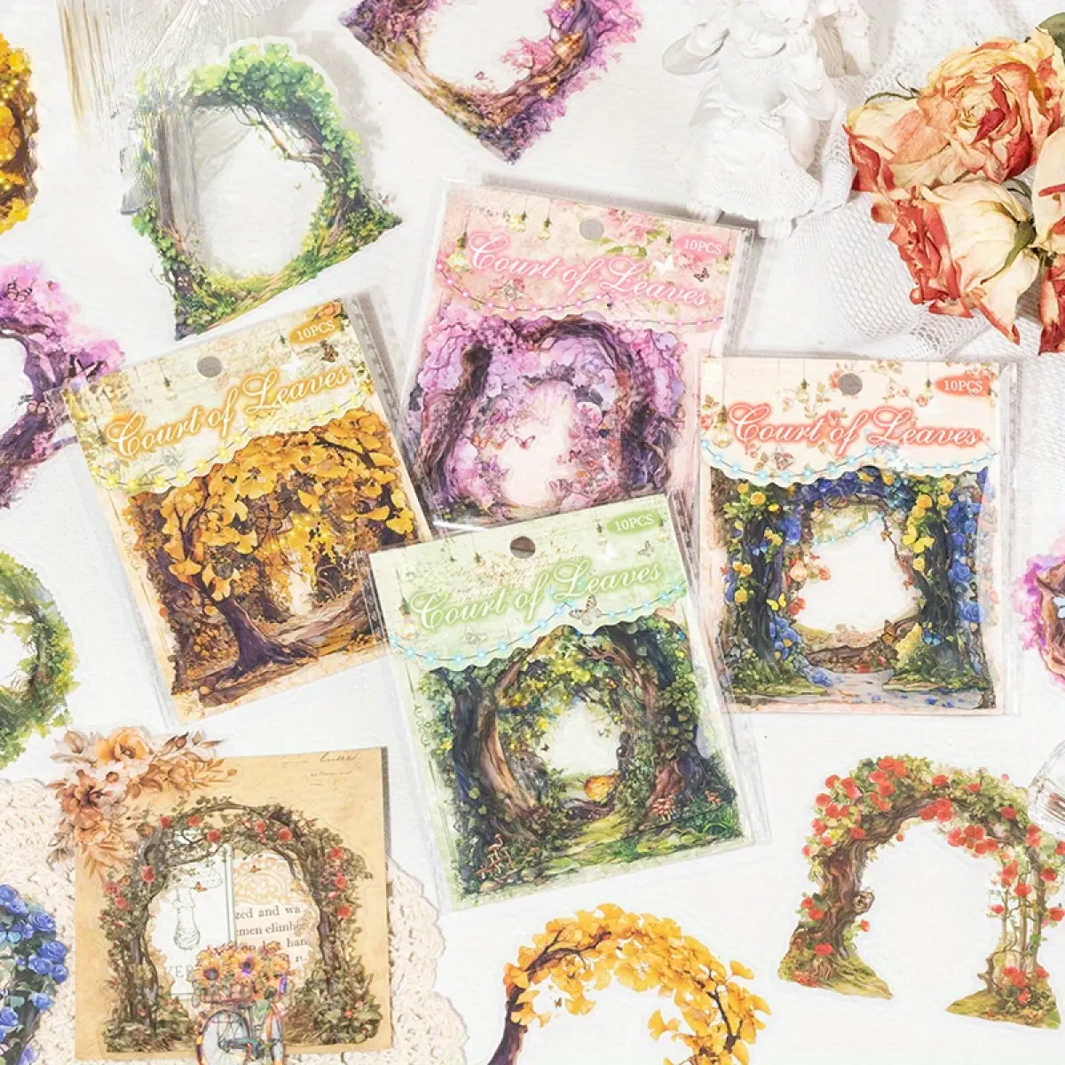 40-Piece Retro PET Waterproof Art Stickers Sheet, Plant & Arch Bridge Themed Office Stationery Labels for DIY Handbook Decoration & Primer Material Pack