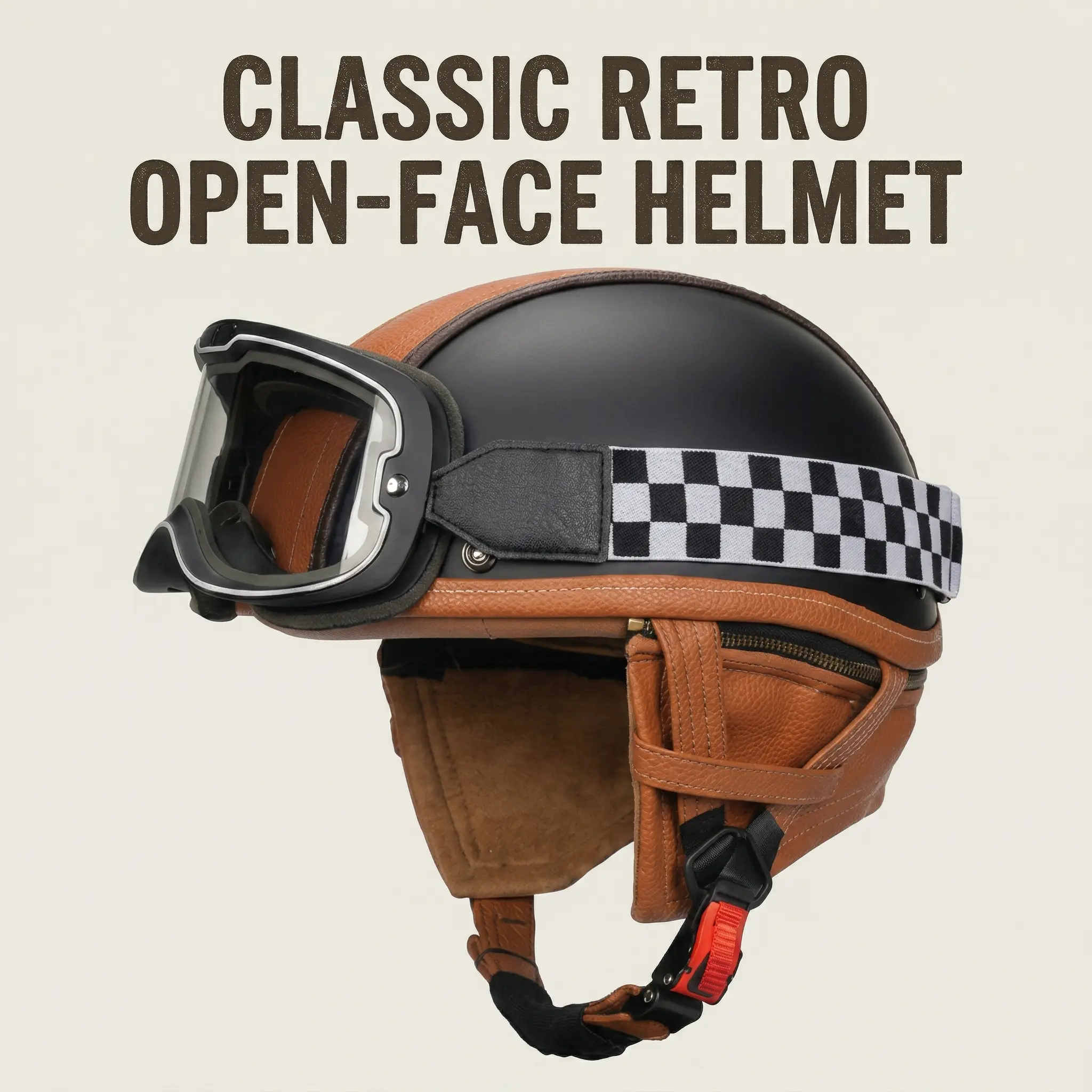 QUICKOOL DOT Approved Hard-Shelled Protective Shockproof Adjustable Vintage Half Helmet with Photochromic Goggles, Retro Open Face Helmet for Cruiser, Cafe Racer, Adjustable Half Helmets, Hard-Shelled Half Helmets