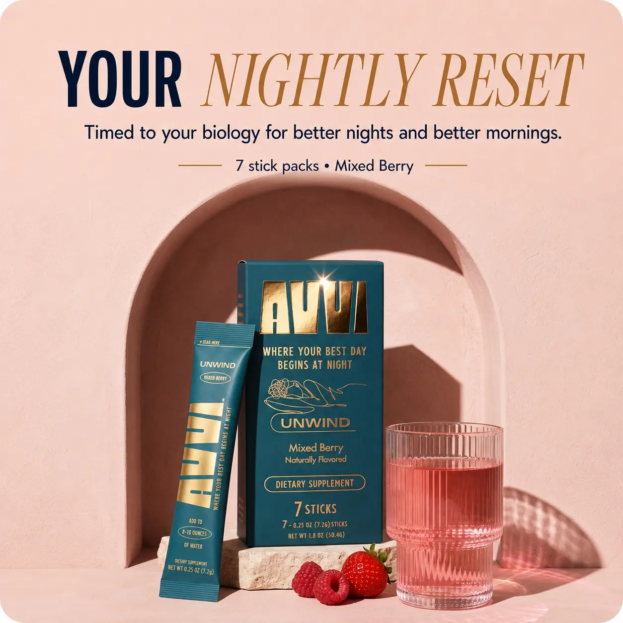 Avvi Unwind Nighttime Mixed Berry Powder Stick Packs, 7 Count, Dietary Supplement