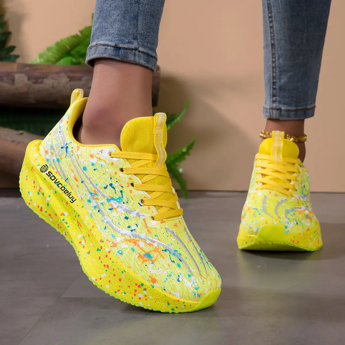 Women's Trendy Running Shoes, Gradient Splatter Print Carbon Plate Sneakers with Breathable Knit Upper, Shock-Absorb Cushion, Thick Non-Slip Wear-Resistant Lace-Up Sole, Light Fashion Athletic Footwear for Gym Jogging Daily Use, Women's Shoes
