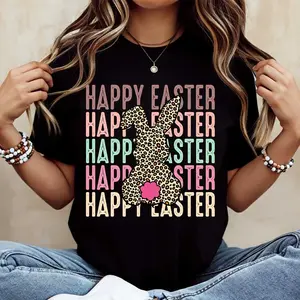 Happy Easter Bunny Leopard Print Text Tshirt Black Crew Neck Casual Tee For Easter Celebration