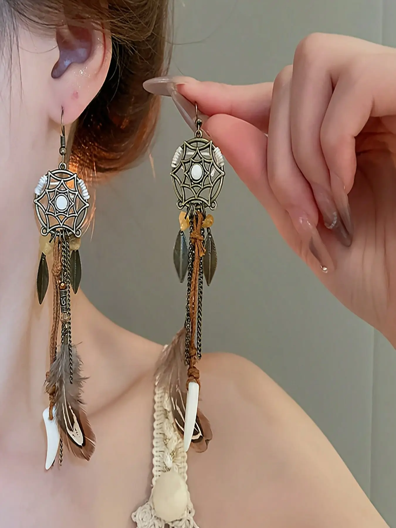 Bohemian Dreamcatcher Earrings, Tassel Earrings, Rustic Metal Leaf and Feather Pendants, Vintage Bohemian Style Women's Jewelry, All Seasons