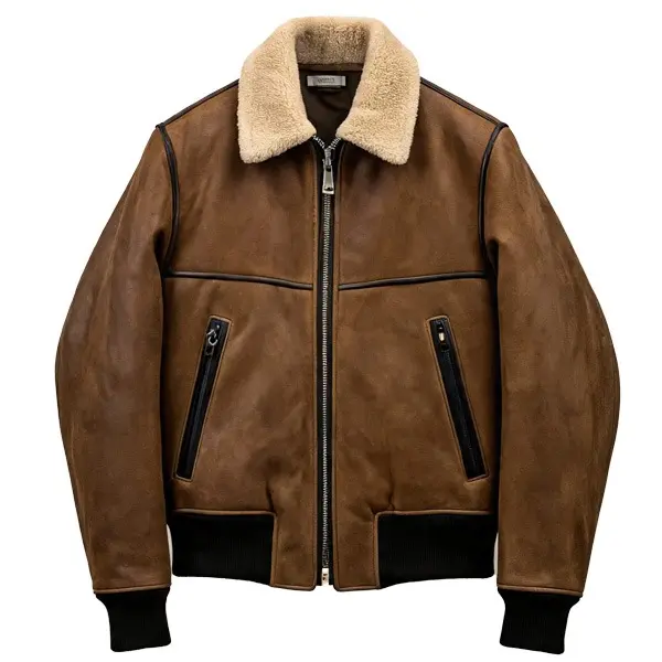 Classic Shearling-Collar Brown Leather Bomber Jacket - Aviator Design for Men's Winter Fashion Outerwear Goals