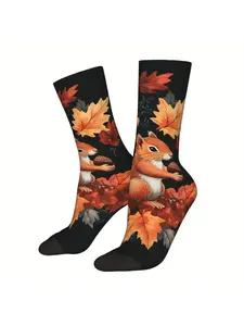 Socks Featuring a Squirrel with Acorns And Autumn Leaves.