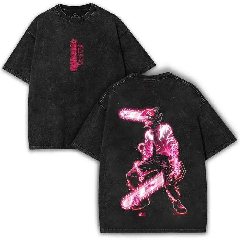 Men's Denji Chainsaw Man Oversized Casual Tshirt - Vintage Washed, Short Sleeve, Distressed Menswear Top, Shortsleeve, Round Neck, Graphic, Streetwear, Festive, Sports Graphic Tees, All Seasons, Short Sleeves, Clothes, Cotton Material