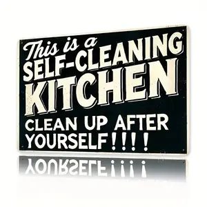2D Flat, Vintage Metal Self-Cleaning Kitchen Sign - "Clean Up After Yourself!!!" 8x12 Inch Retro Wall-Mounted Funny House Rules Plaque for Home, Bar, Cafe, Durable Black & White Kitchen Decor with English Message, 2D Flat