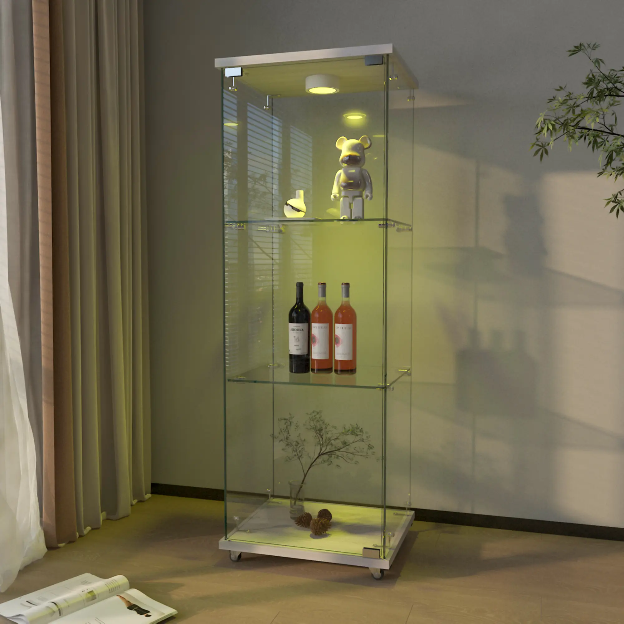 miifuny LED Glass-Fronted High-Transparency Multi-Item Portable Modern Storage Cabinet, 3-Tier Tempered Glass, Remote Control, Tool-Free Quick Assembly, 47.9H Indoor Cupboard for Living Room & Bedroom Decor (White), Multi-Item Glass Cabinets