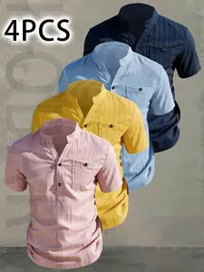 4Pcs Men's Summer V-Neck Short Sleeve Shirt - Lightweight Breathable Solid Color Button-Up Casual Shirt with Stand Collar, with pockets ,Machine Washable for Beach Vacation, Pool Party & Casual Attire, Beach Shirt, Suitable for casual wear Top