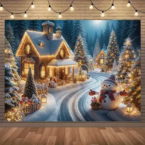 Durable Polyester Christmas Banner - Enchanted December Snowy Scene, Snowman, Gingerbread House Design, Indoor-Outdoor Home Festive Backdrop Ornament, Ideal for Winter Celebrations, Birthday Decor