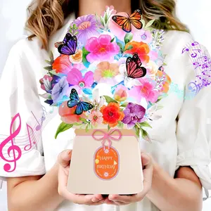 Surprise Birthday Card, Light & Music Birthday Card, Lily, Butterfly & Cake Theme, Preserved Flower Bouquet, Pink Blow-Out Candle Cake, Pop-Up Design, Perfect for Women, Wives, Mothers, Daughters, Sisters, Partners—No One Can Resist This Surprise! Orchids