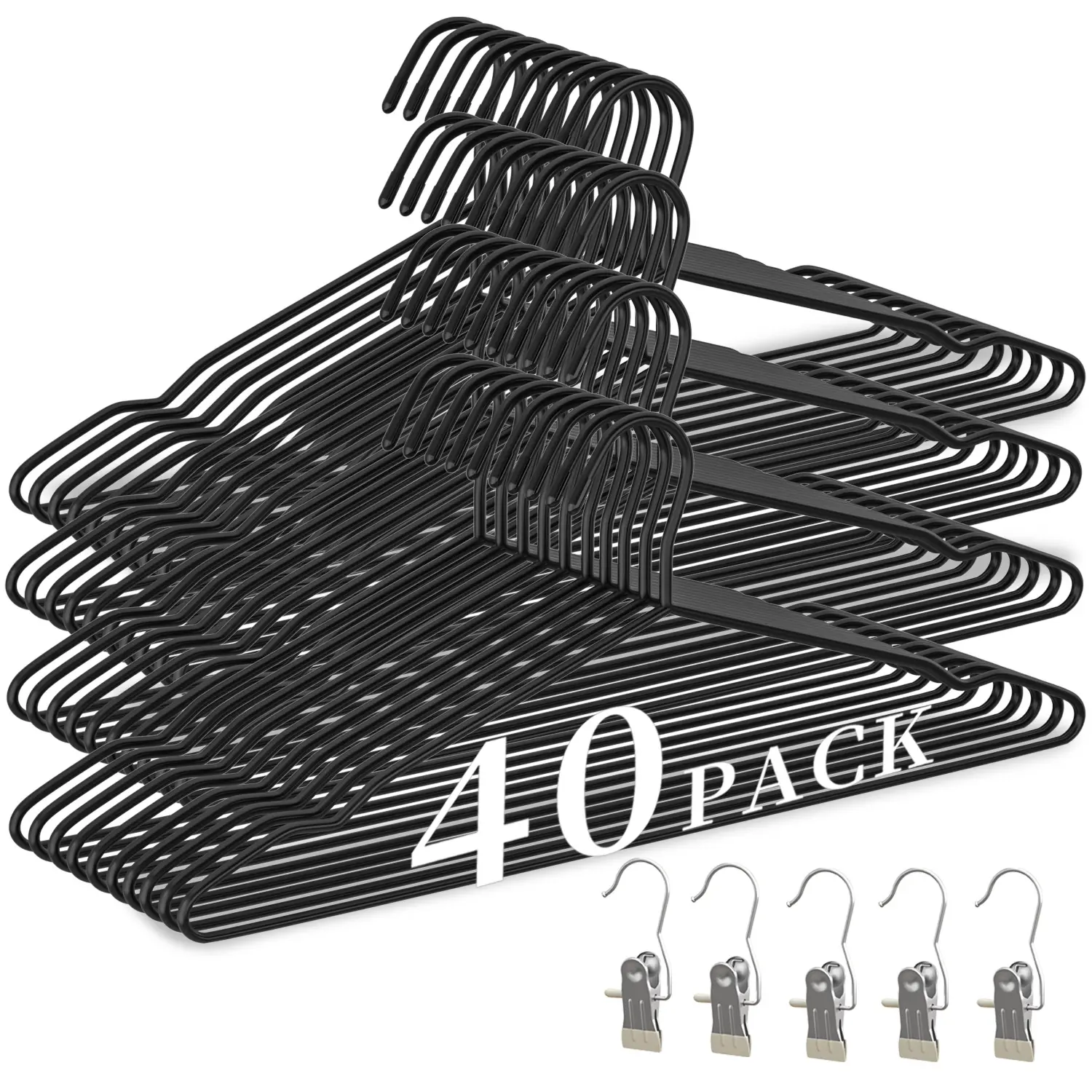 WSJYKN 40-Pack Durable Thick Metal Hangers with 5 Clothes Pins, Anti-Slipping Smooth Home Organizer for Clothing Store, Balcony, Coat Storage, 50 lbs Capacity, 7.6x16.69 in, Box Packaging, Ideal for Protective Clothing, Coats