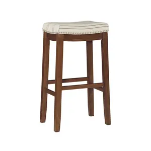 Linon Backless Armless Linen Barstool with Nailhead Trim, Wood Frame, Saddle Seat for Dining Room Counter Use