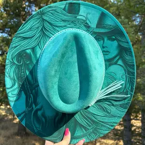 Teal Cowgirl Engraved Fedora Hat