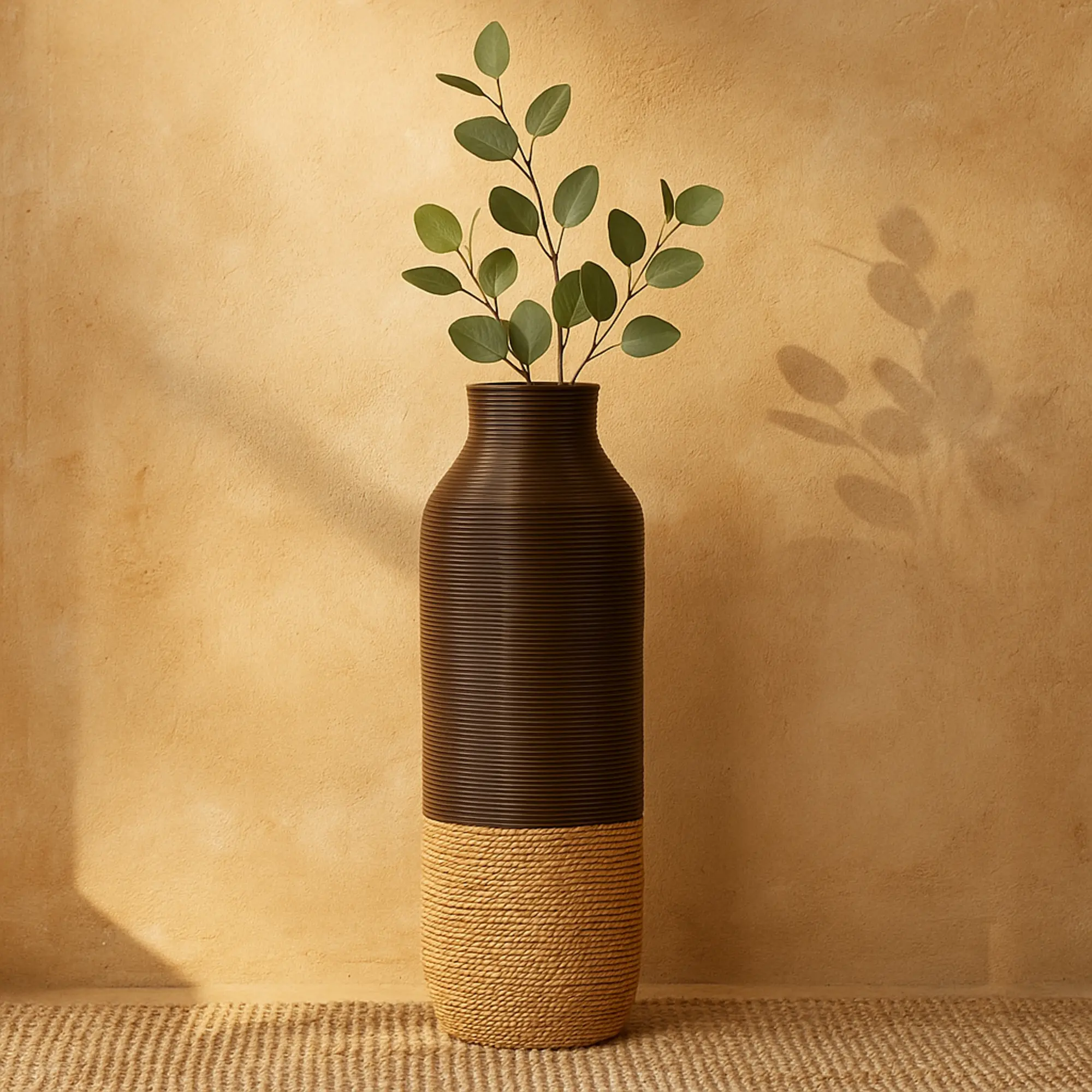 Handmade 2-Tone Dark Brown Seagrass Vase - Rubber-Bottomed Glossy Modern Minimalist Home Decor Centerpiece, 8.85l x 8.85w x 31.75h in, 4.085 lbs, for Table Decoration