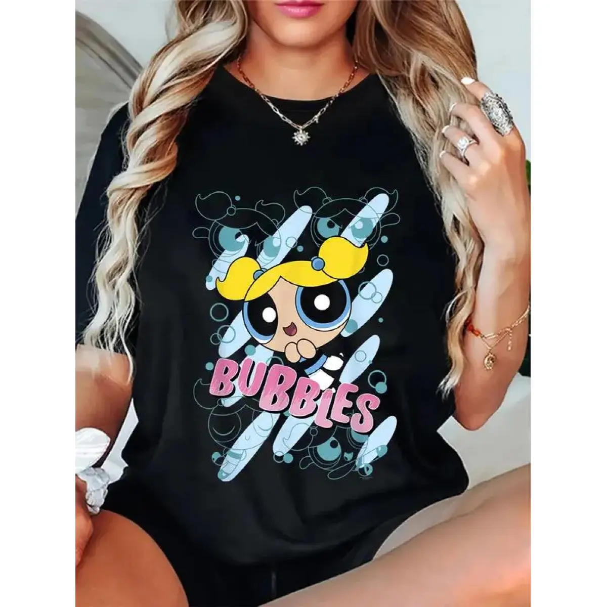 Men's Powerpuff Girls Bubbles Graphic Print Short-Sleeve Round Neck Mid-Casual Menswear Sports Top - Cotton Lightweight Moisture-Wicking Casual Wear Undershirt, Fabric
