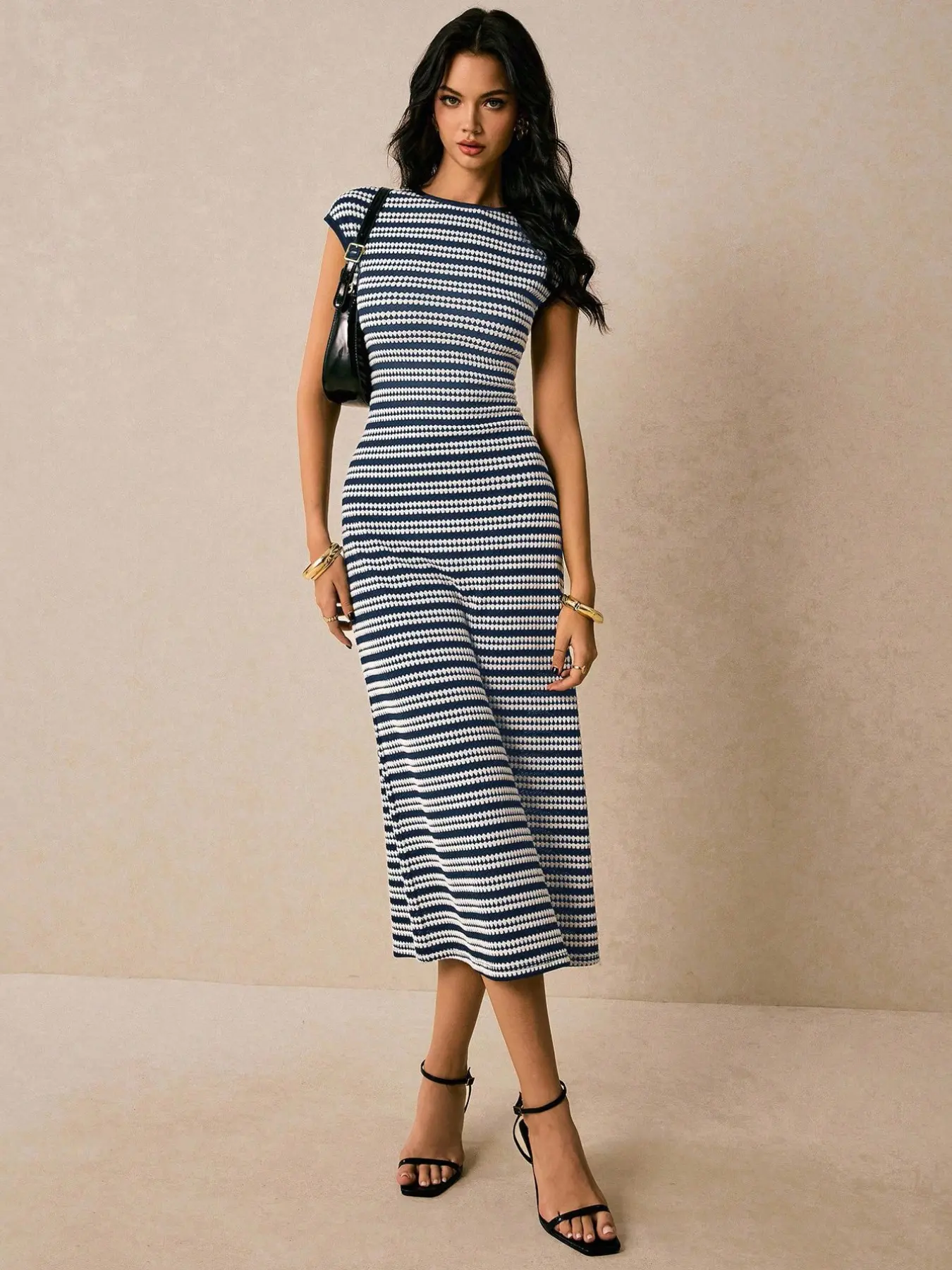 Elegant Women's Summer Dress, Casual Comfy Chic Office Wear, Striped Knit Jacquard Fabric, Waist Cinch Round Neck Short Sleeve Long Dress