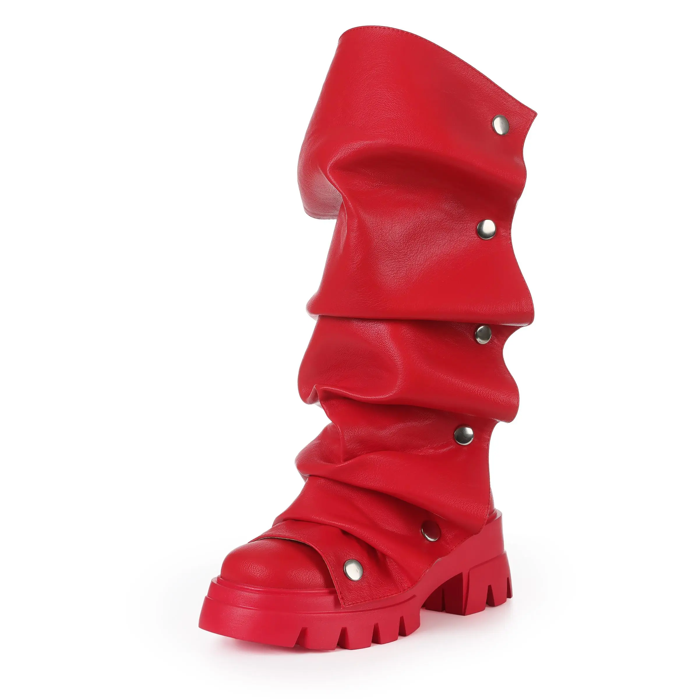 Women Ruched Slouchy Boots Thick Platform Knee High Combat Boots Punk Gothic Chunky Long Boots