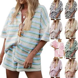 Women 2 Piece Knitted Pajamas Set Short Sleeve Striped Crochet Button Down Shirt Shorts Set  Lounge Set