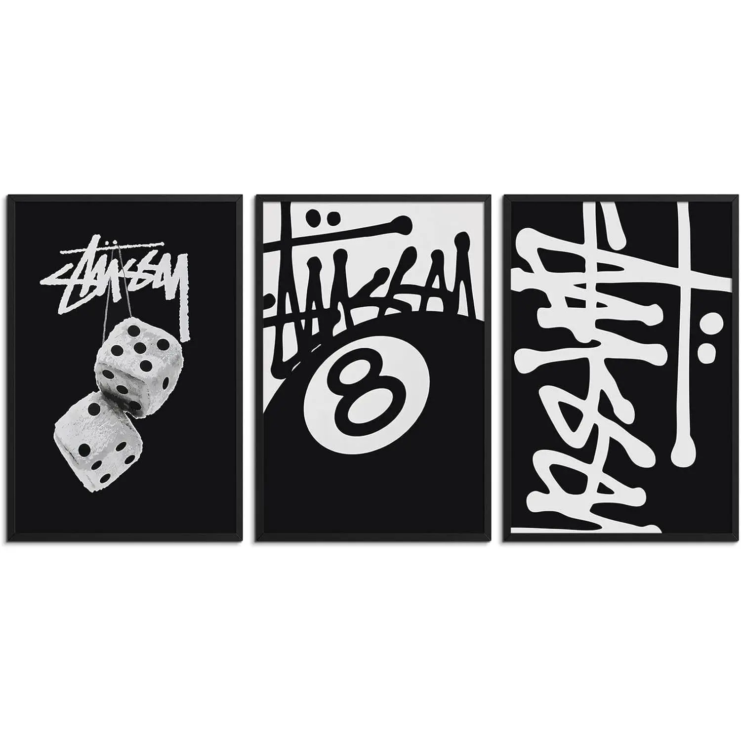 Stussy-Inspired Unframed Canvas Poster Set (3 Pcs) - Black and White Dice & 8 Ball Graffiti Prints, Artistic Aesthetic Wall Decor, Hanging Decoration for Home, Mother's Day Gift